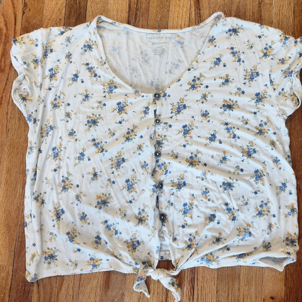 AE Floral Button-Down Tie-Front Top